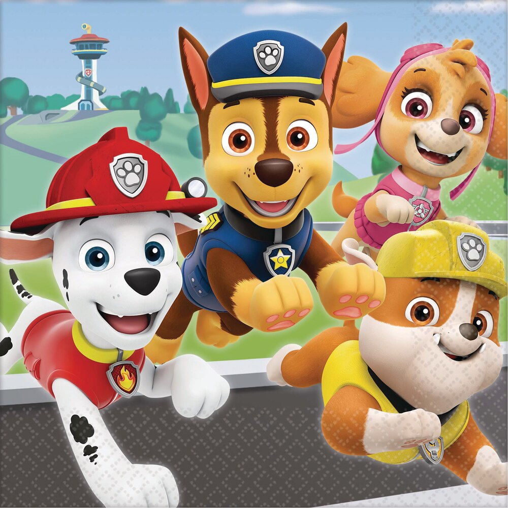 Nickelodeon PAW Patrol Marshall/Chase/Skye Square Paper Disposable Lunch Napkins, Multi-Coloured, 6.5-in, 16-pk, 2-ply, for Birthday Party