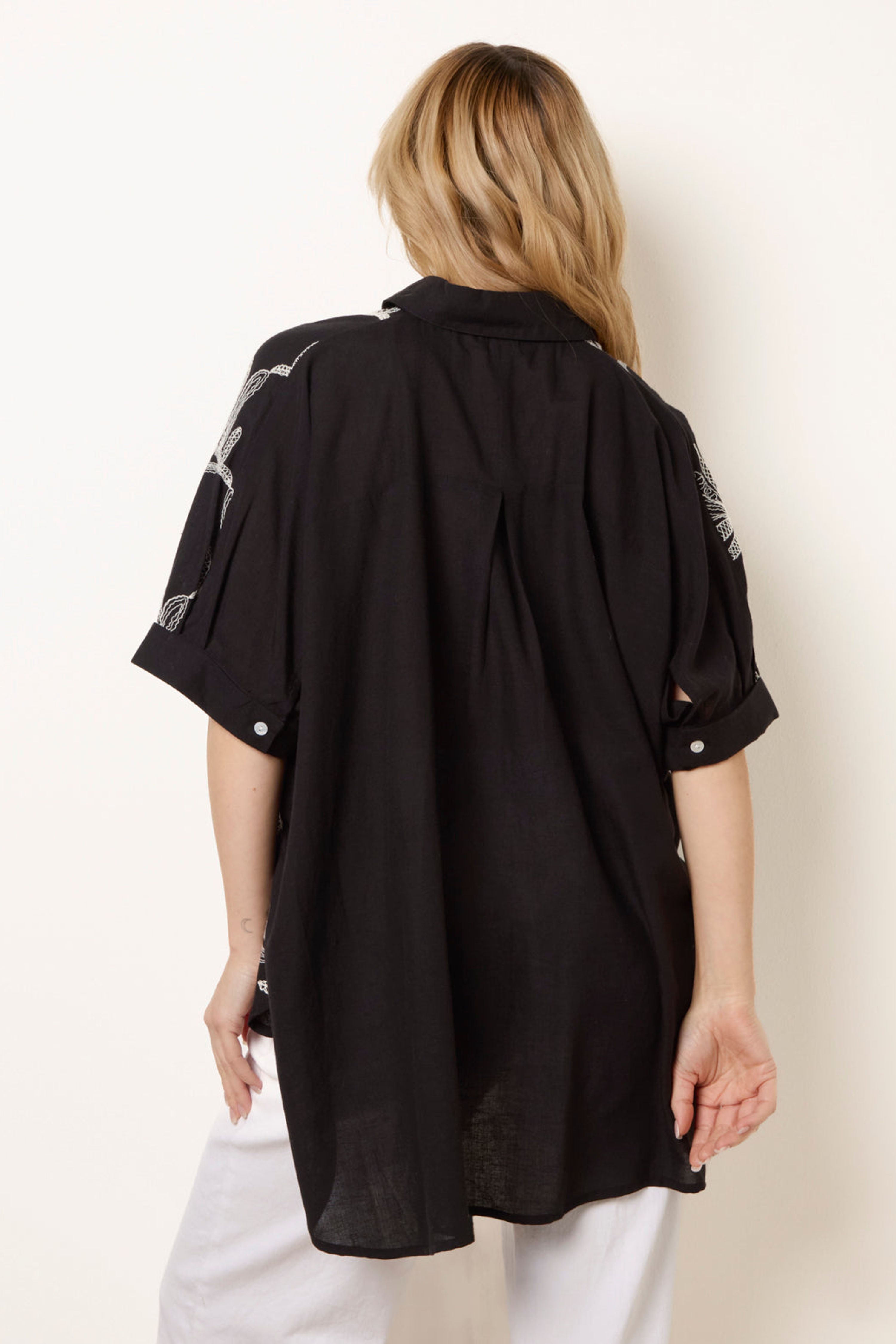 Blue Vanilla Black Embroidered Front Oversized Shirt