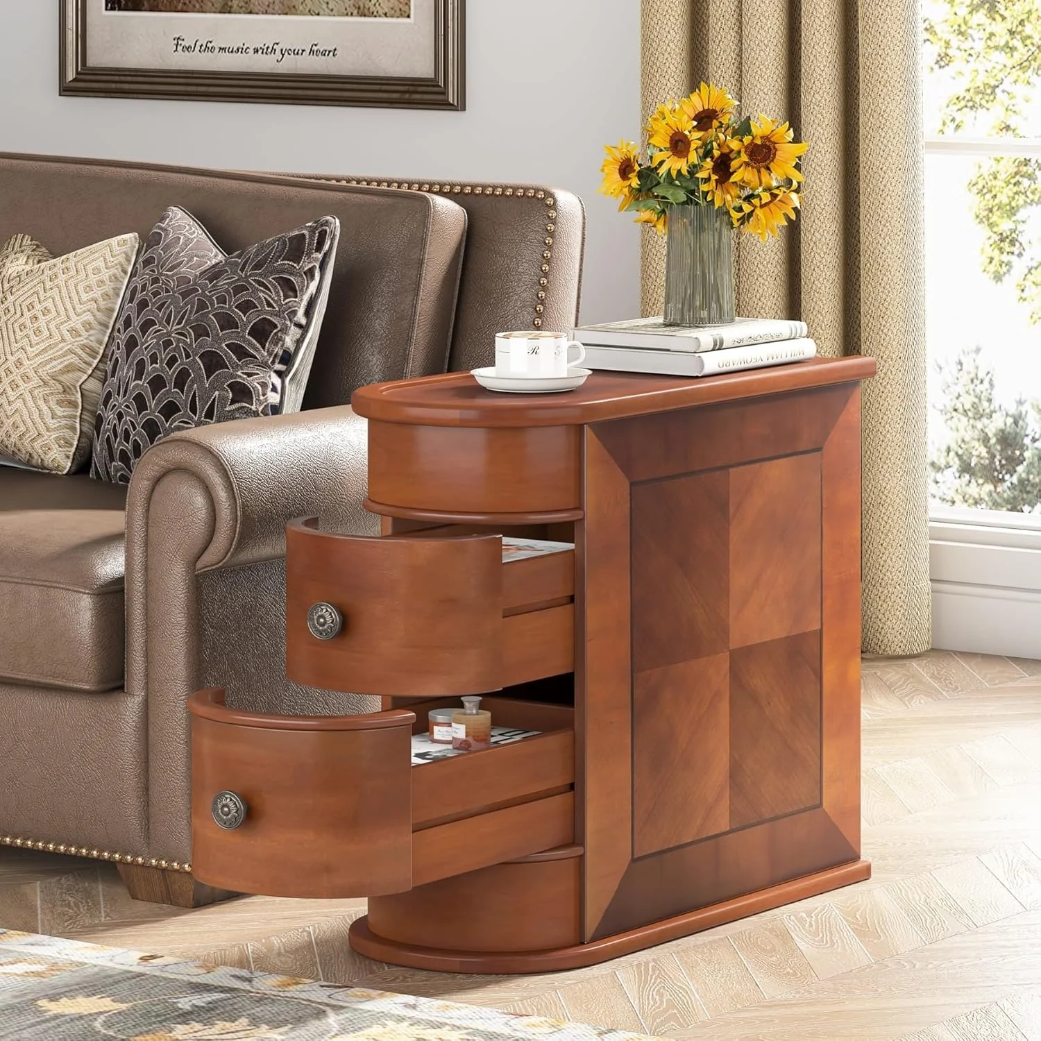 Sofa End Table, Wood Nightstand with 2 Drawers No Assembly Required