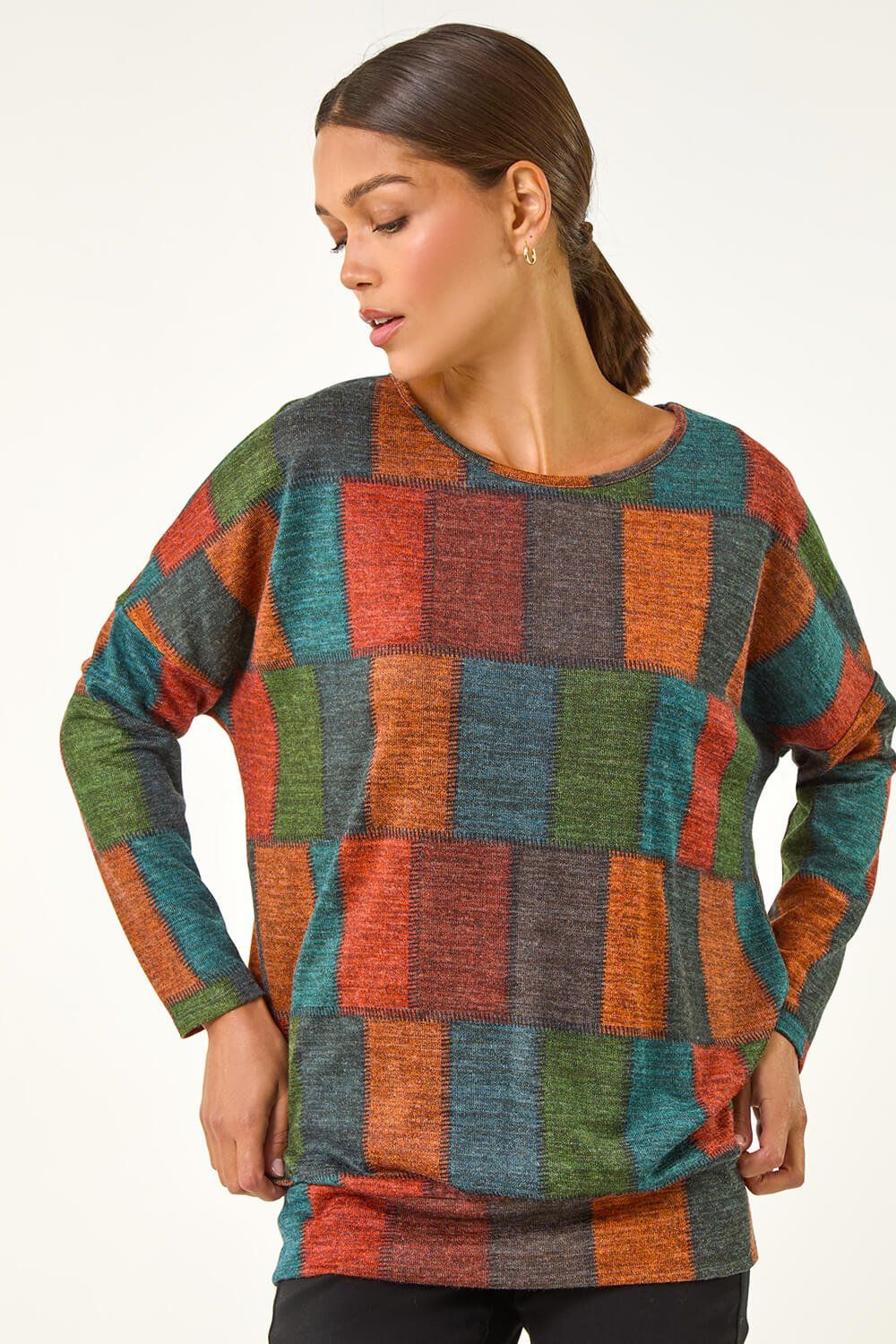 Roman Patchwork Print Drop Shoulder Stretch Top