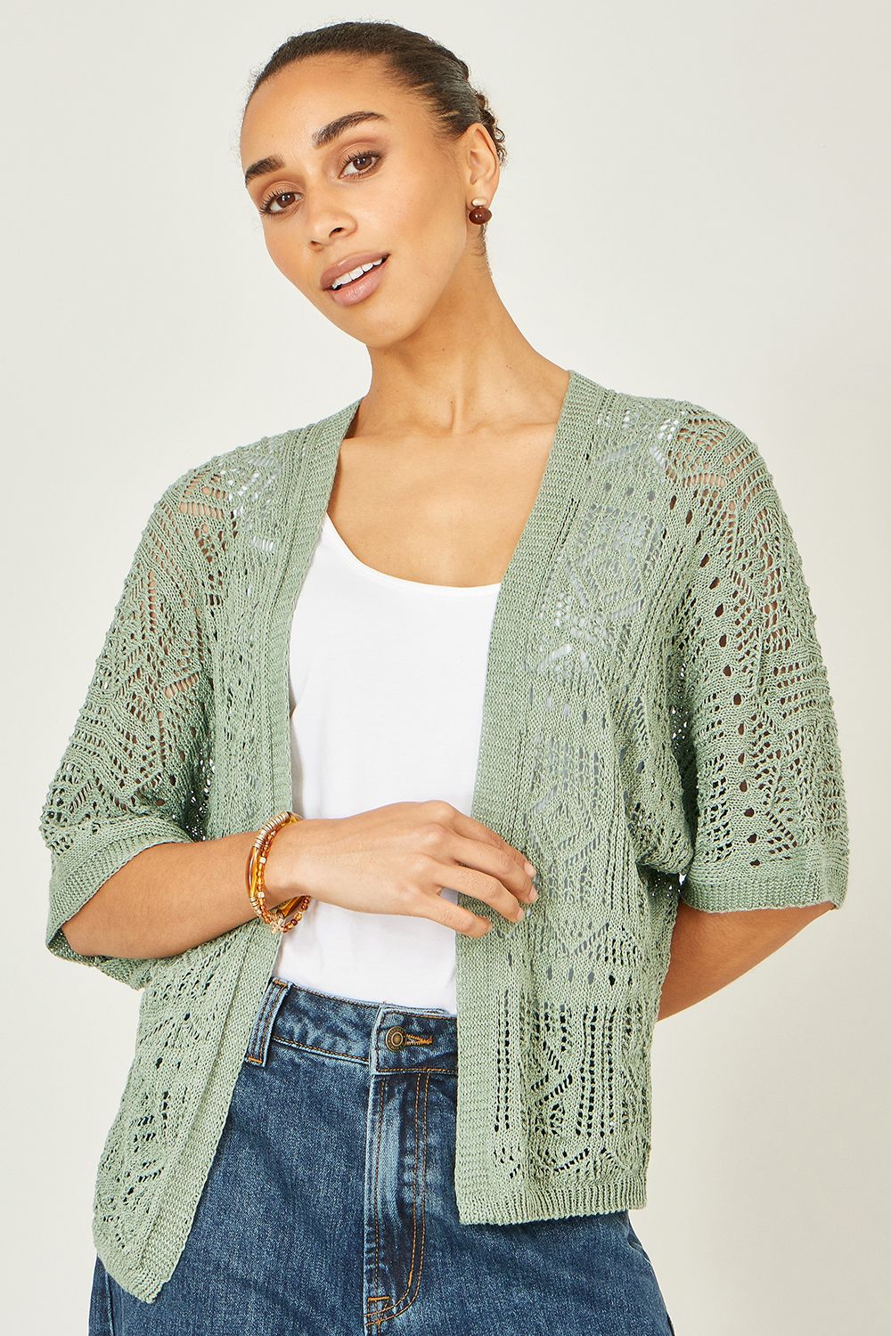 Yumi Crochet Edge To Edge 3/4 Sleeve Cardigan