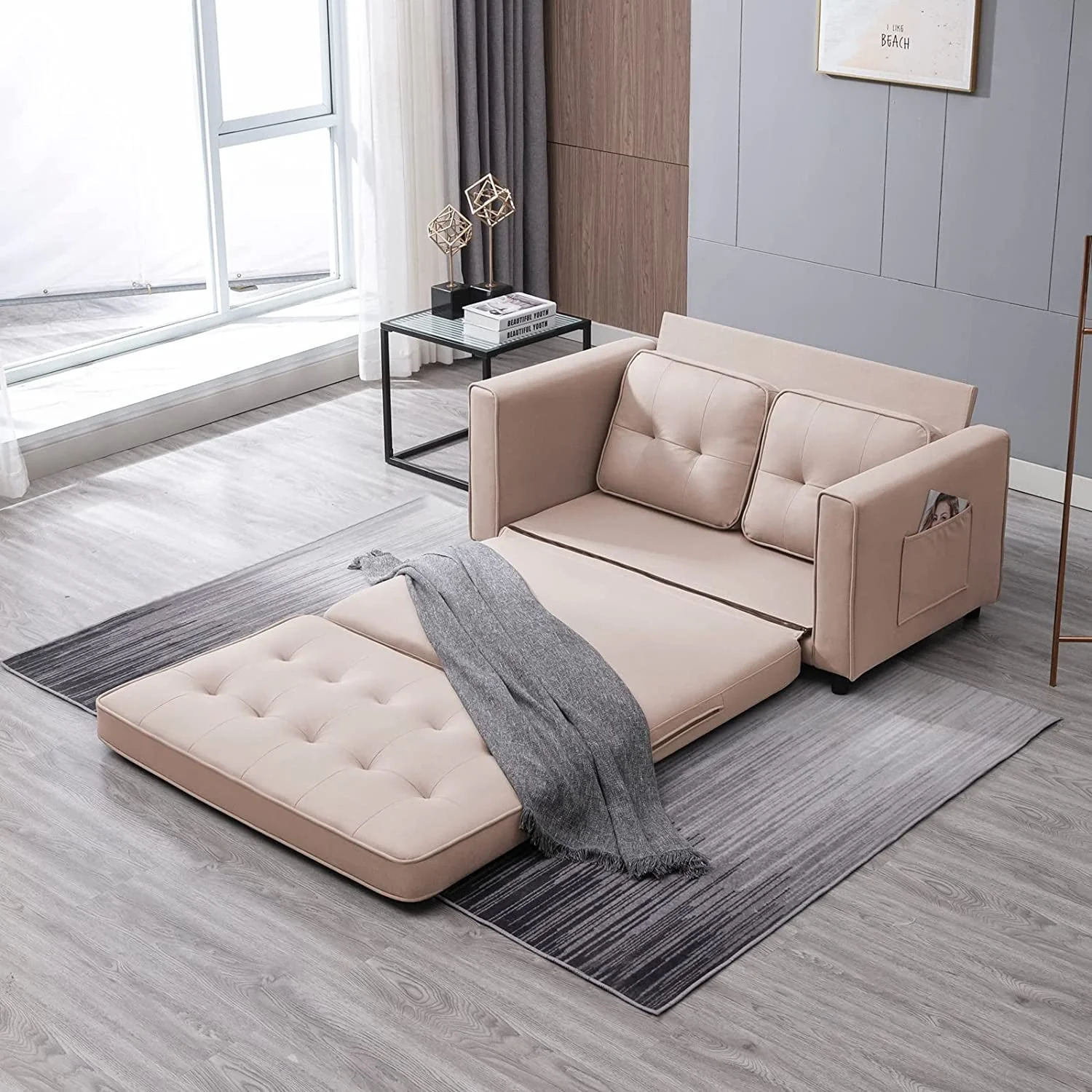 Mixoy Modern Loveseat,3-in-1 Pull Out Sleeper Sofa Bed with Tri-Folding Mattress