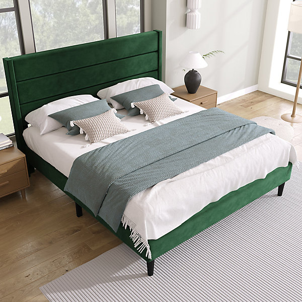 Lit double 140 x 200 cm, avec sommier à lattes et tête de lit, recouvert de velours vert foncé, design moderne, lit pour enfant