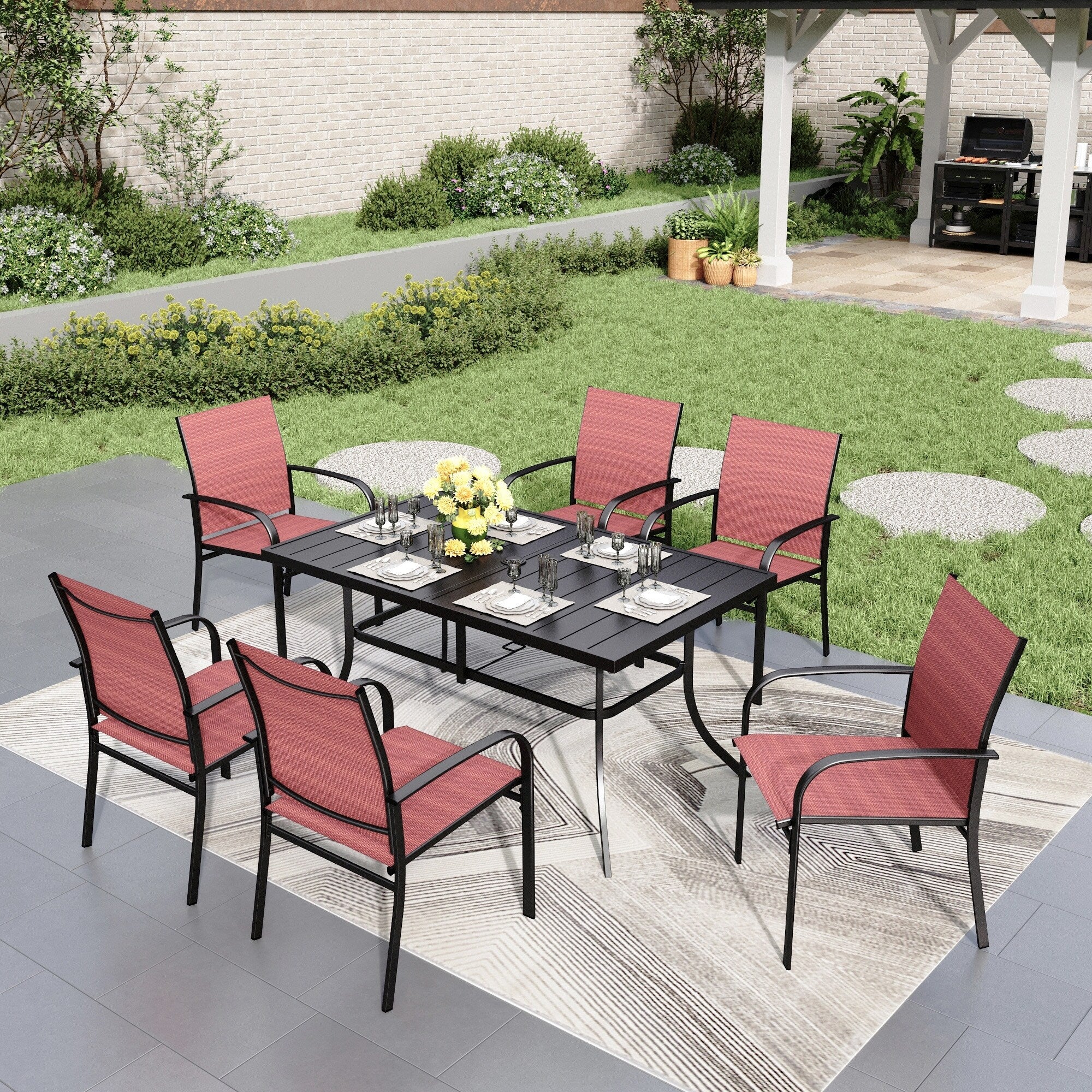 MAISON ARTS 7-Piece Patio Dining Set Metal Rectangle Table and 6 Textilene Chairs