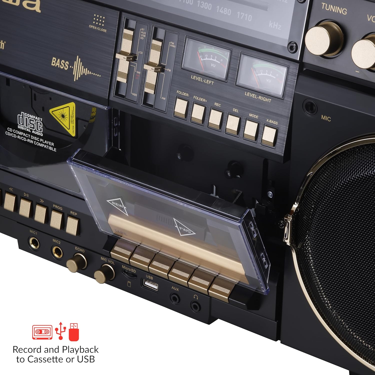aiwa Retro Boombox BackTrack CD Player with Cassette Recording  Bluetooth 5.0  FM/AM Radio  USB/SD/AUX Inputs  VU Meters  LCD Display  Dual 40W Speakers (Black and Gold)