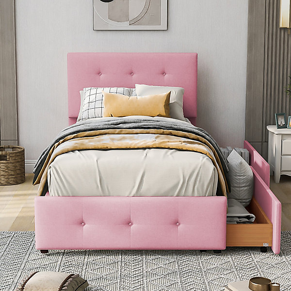 Lit enfant 90x200 cm - Sommier À Lattes et 2 Tiroirs, Lit Confortable avec Rangement Sous Le Lit, en Velours Rose, Sans Matelas