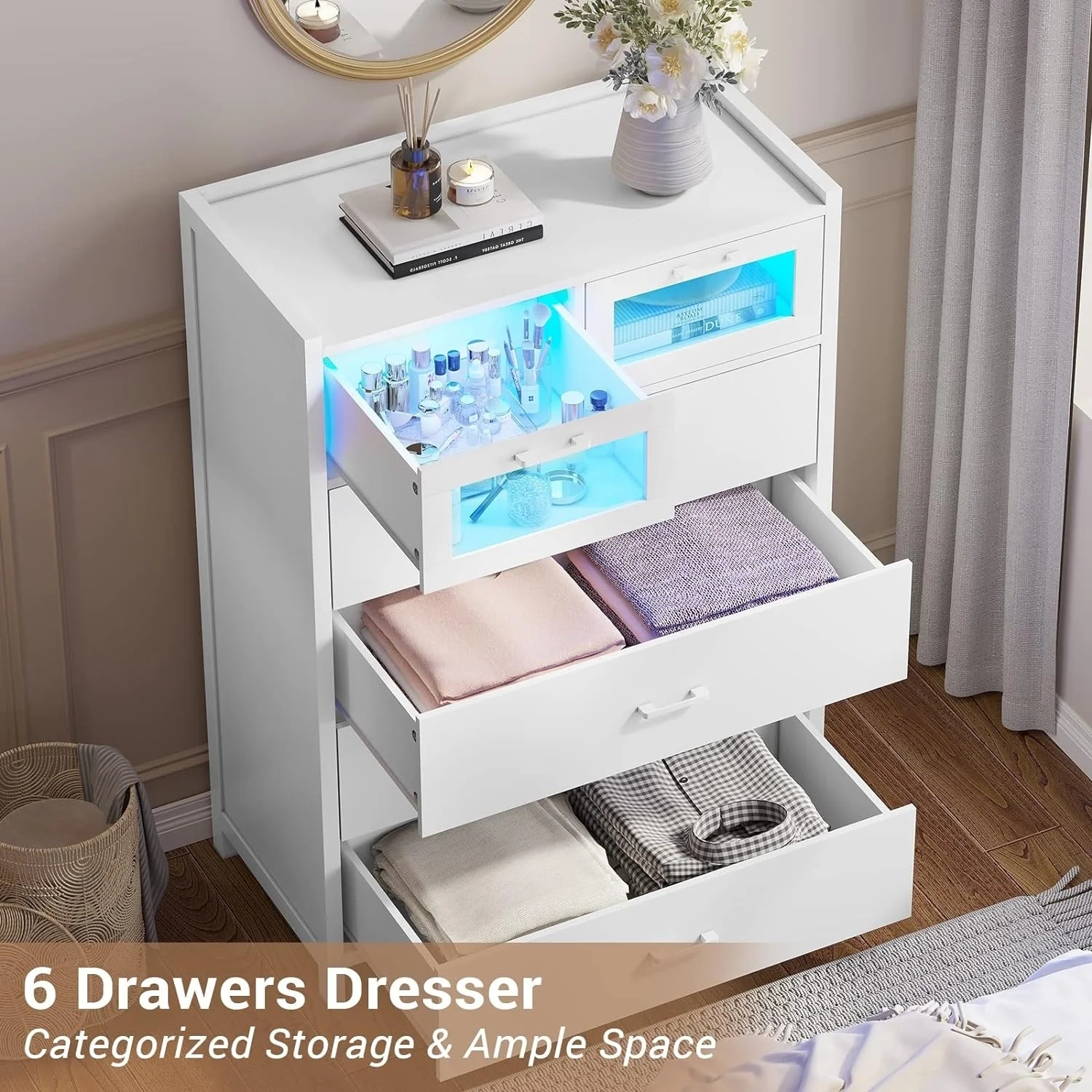 6 Drawers Dresser for Bedroom Chest of Drawers with LED Lights