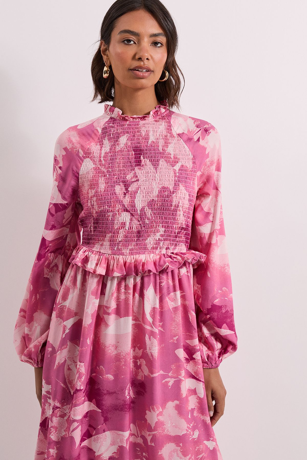 Dorothy Perkins Pink Floral Shirred Bodice Frill Detail Midi Dress