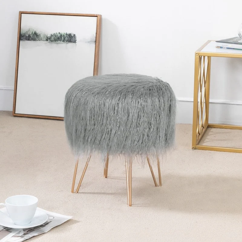 Adeco Vanity Stool Chair Soft Furry Footrest Stool Make Up Ottoman