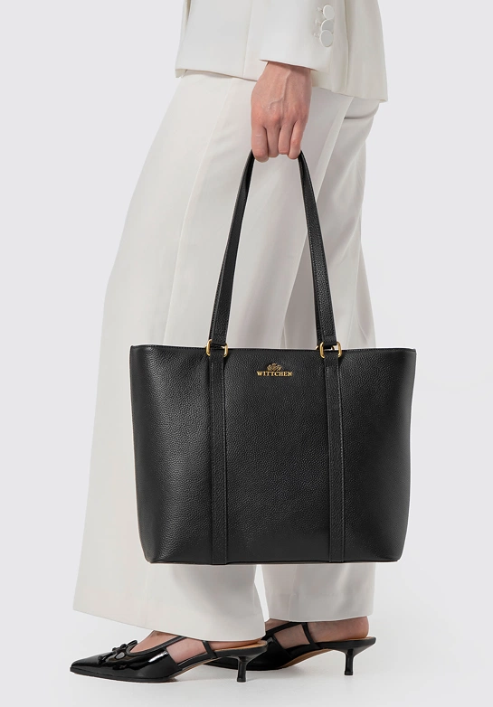 Elegancka torebka shopperka ze skóry naturalnej czarno - złota