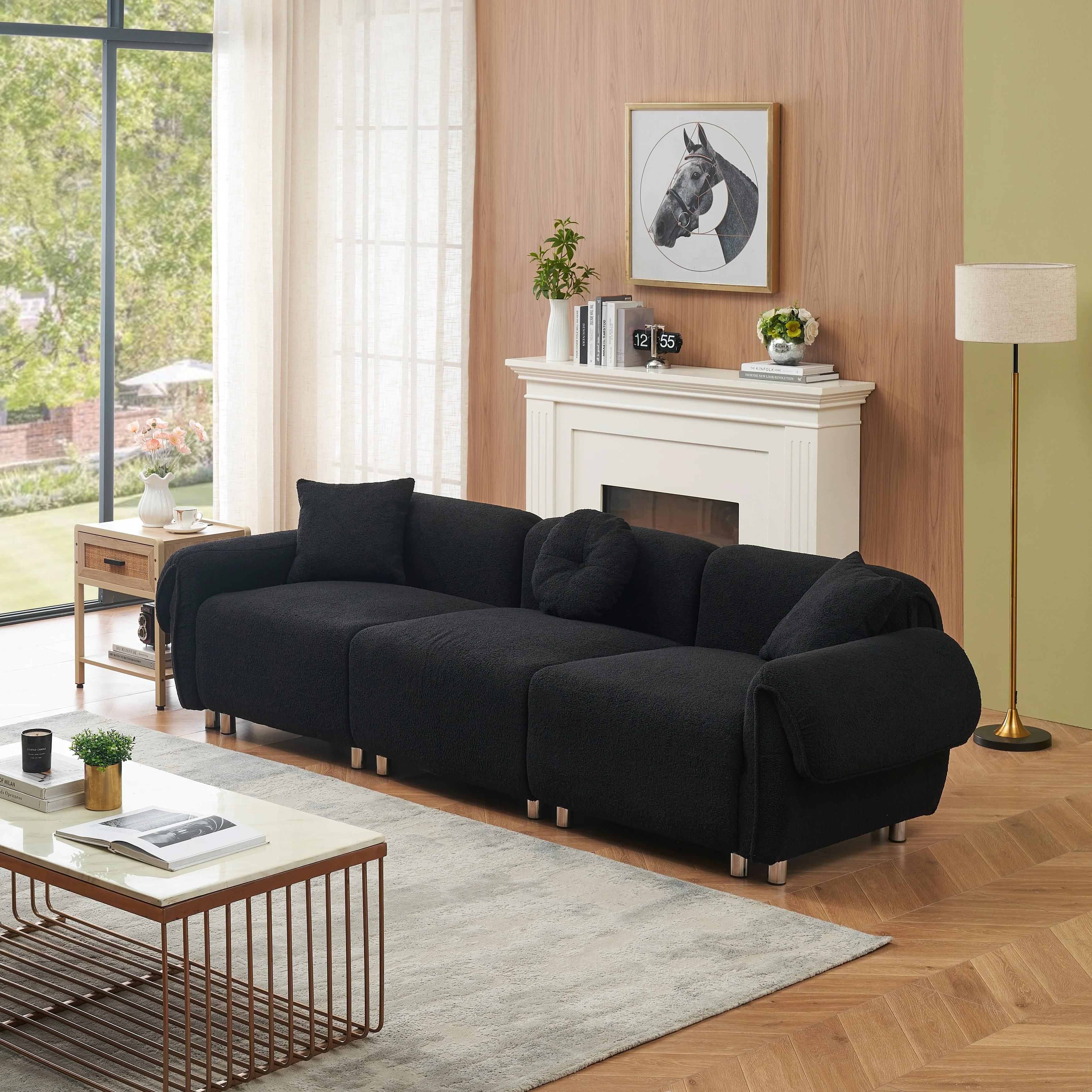 112'' Teddy Fabric 3 Seater Sofa Couch with 3 Pillows, Scratch-Resistant with Soft Cushioning and Metal Legs