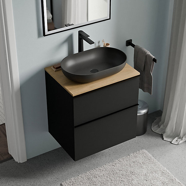 Meuble sous vasque suspendu MDF Noir mat, plan vasque Chêne miel, poignée Anthracite mat - 60x46x62cm - LAVOA