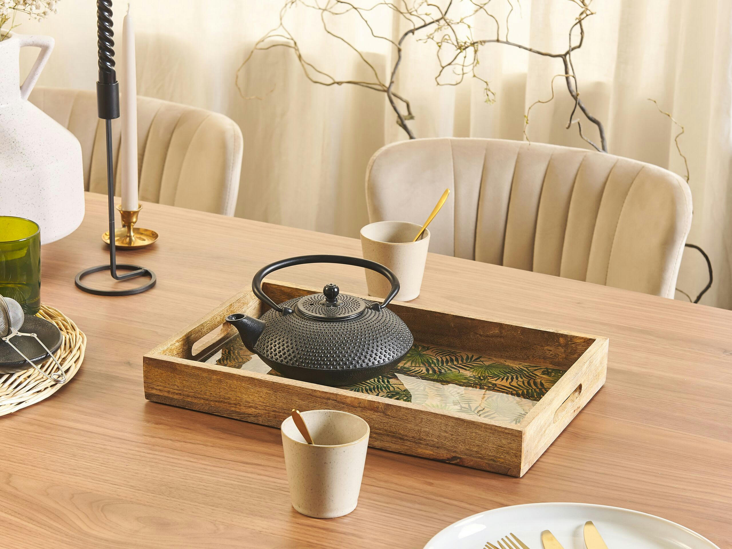 TYLIS - Plateau décoratif avec motif de feuilles bois clair et vert