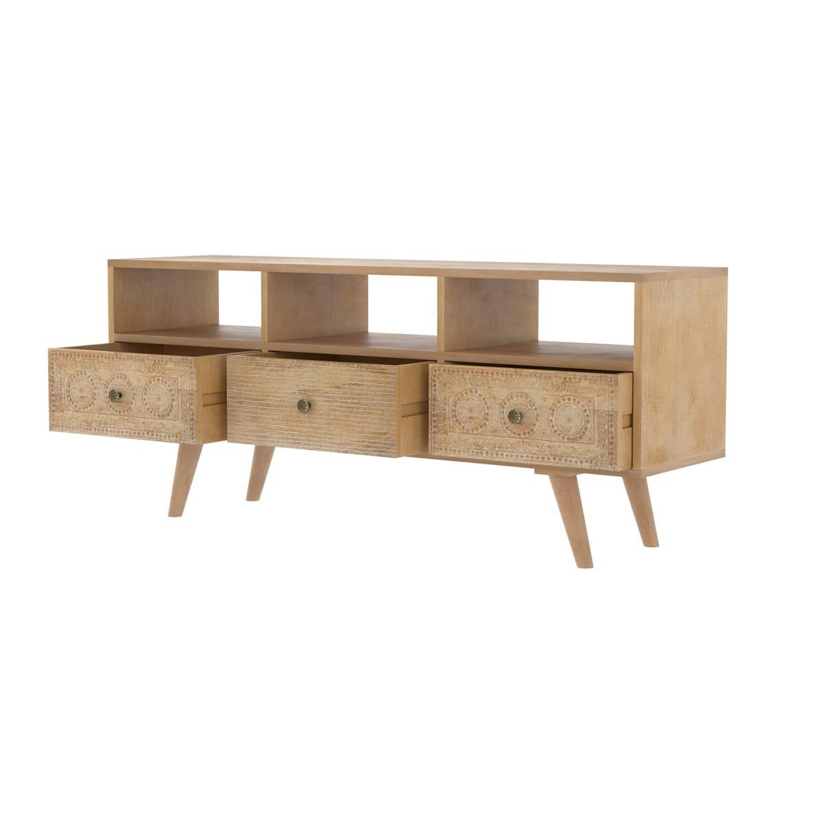 TIYA - Meuble TV en bois de manguier gravé 140 cm