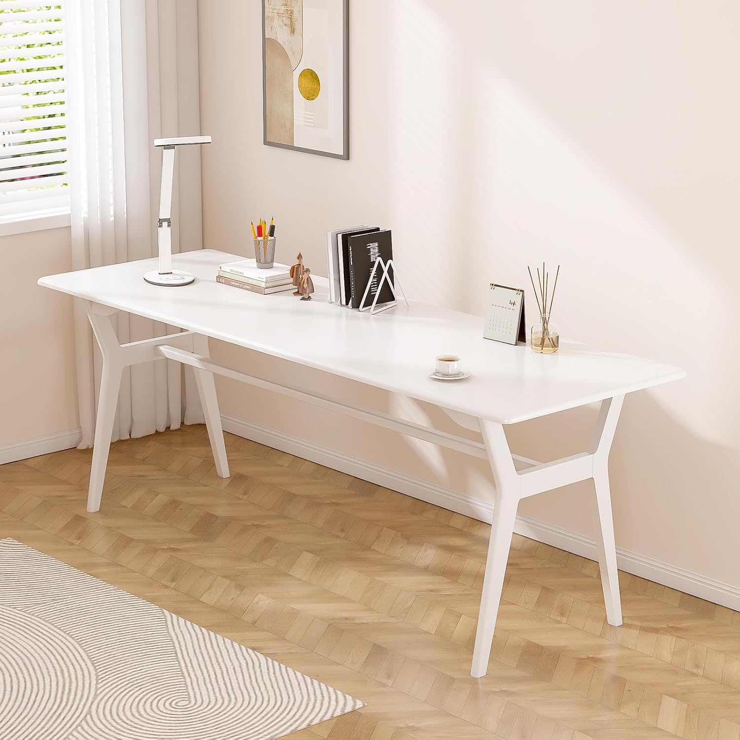 Solid Wood Study Desk - 71 Double Long Computer Table for Home Office, 2-Person PC Workstation, White
