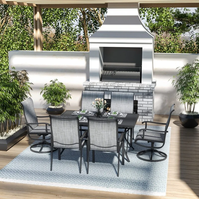 7-Piece Metal Outdoor Patio Dining Set with 6 Textilene Chairs and Rectangle Table