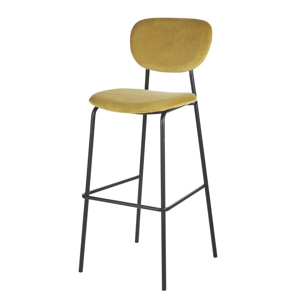 Oscarine Business - Lot de 2 chaises de bar professionnelles en velours jaune moutarde et métal noir