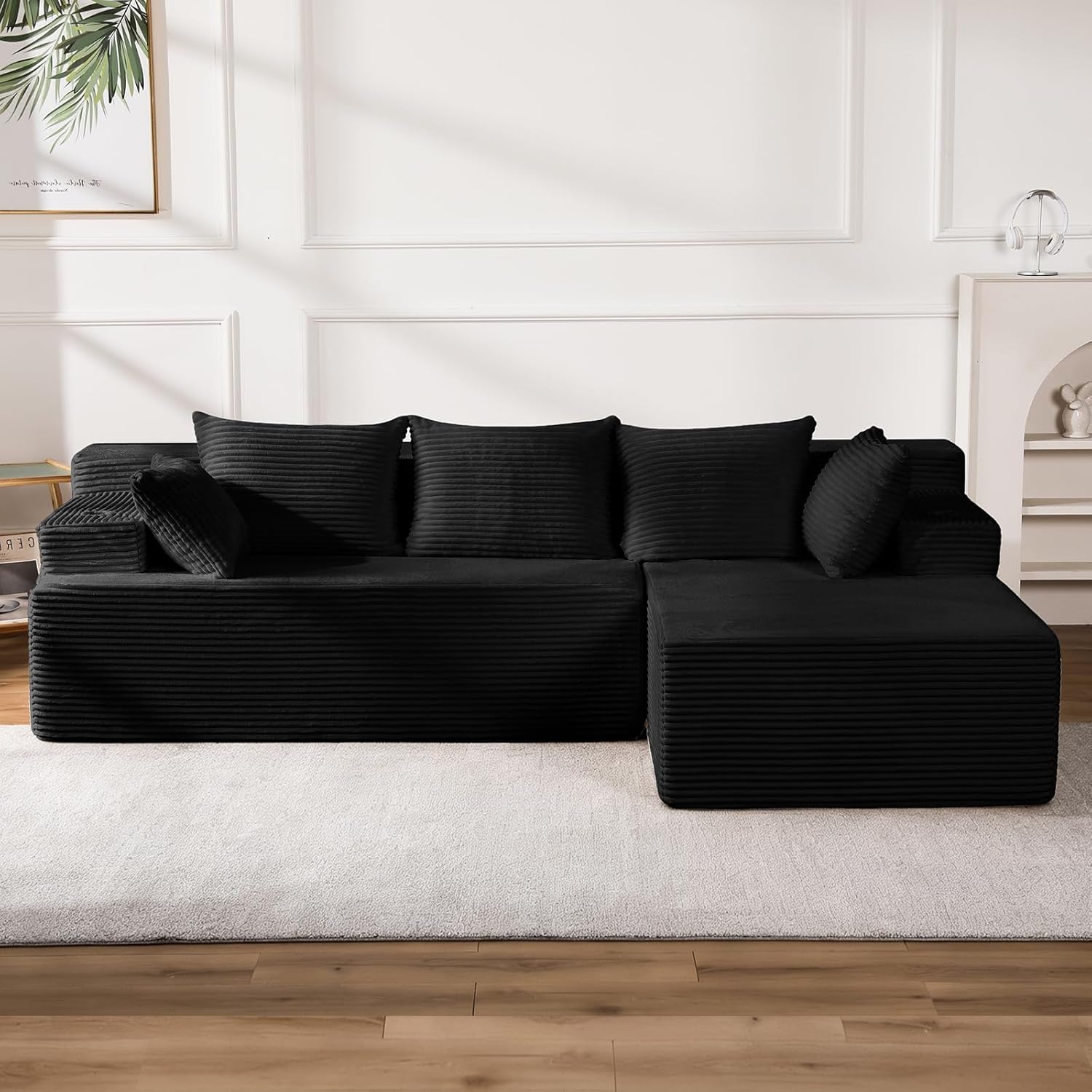 96.8 Boneless Couch Cloud Modular Sectional Sofa with L Shaped Chaise, Modern Corduroy Upholstered Deep Seat Couches Lounge with 5 Pillows for Living Room Bedroom(Black, Stripe, Right Facing Chaise)