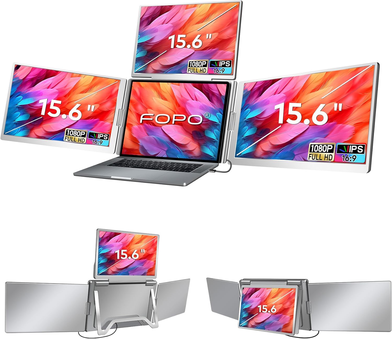 FOPO 15.6 Laptop Screen Extender Monitor Portable  Quad Monitor  Just 1 Cable for 3 Screens  FHD 1080P IPS Laptop Extender Compatible with Wins/Mac for 13.6 - 17.3 Laptops