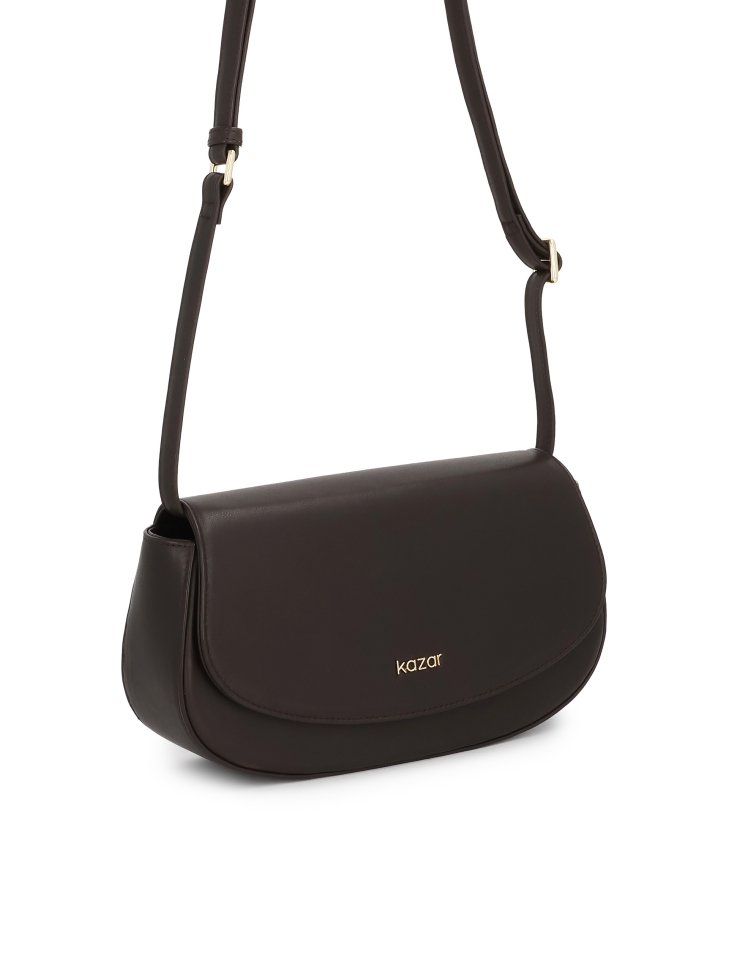 Brown rigid handbag with shoulder strap