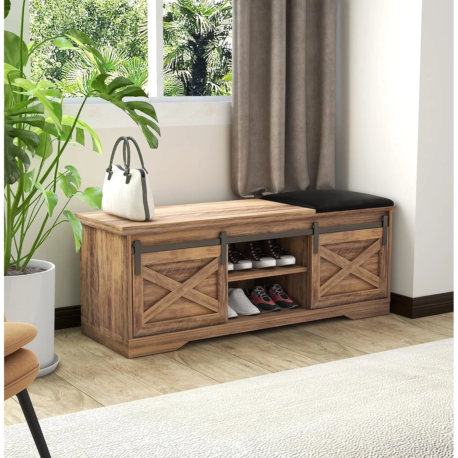 47 Farmhouse Shoe Bench with Padded Cushion, 2-Tier Shoe Storage Cabinet for Entryway - 47.24'x 15.35'x 17.72'