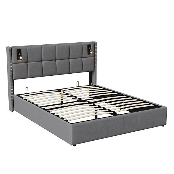 Lit Rembourré 140x200cm avec sommier à lattes &liseuses, lit coffre lit double, velours, gris