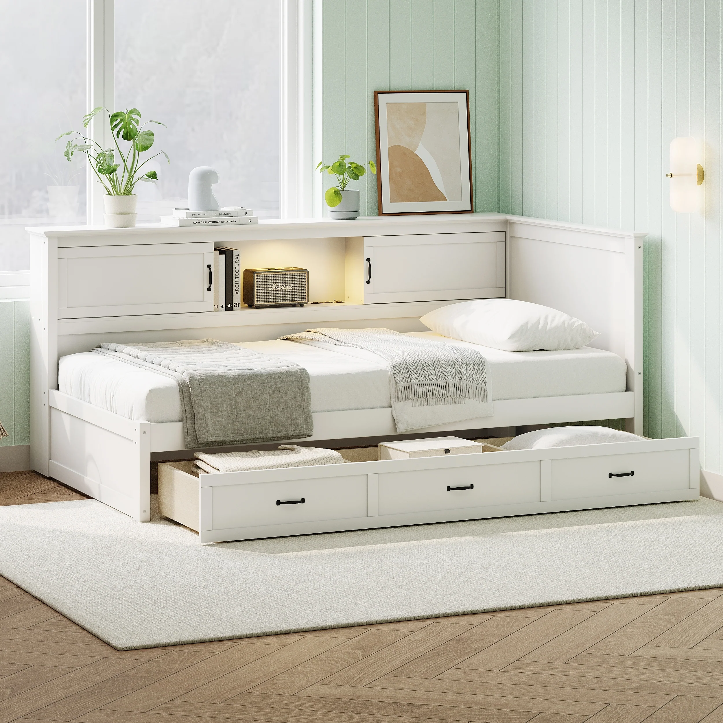 Modern L-Shaped Corner Bed Frame with Drawer, Bookcase, LED Downlight and USB Port