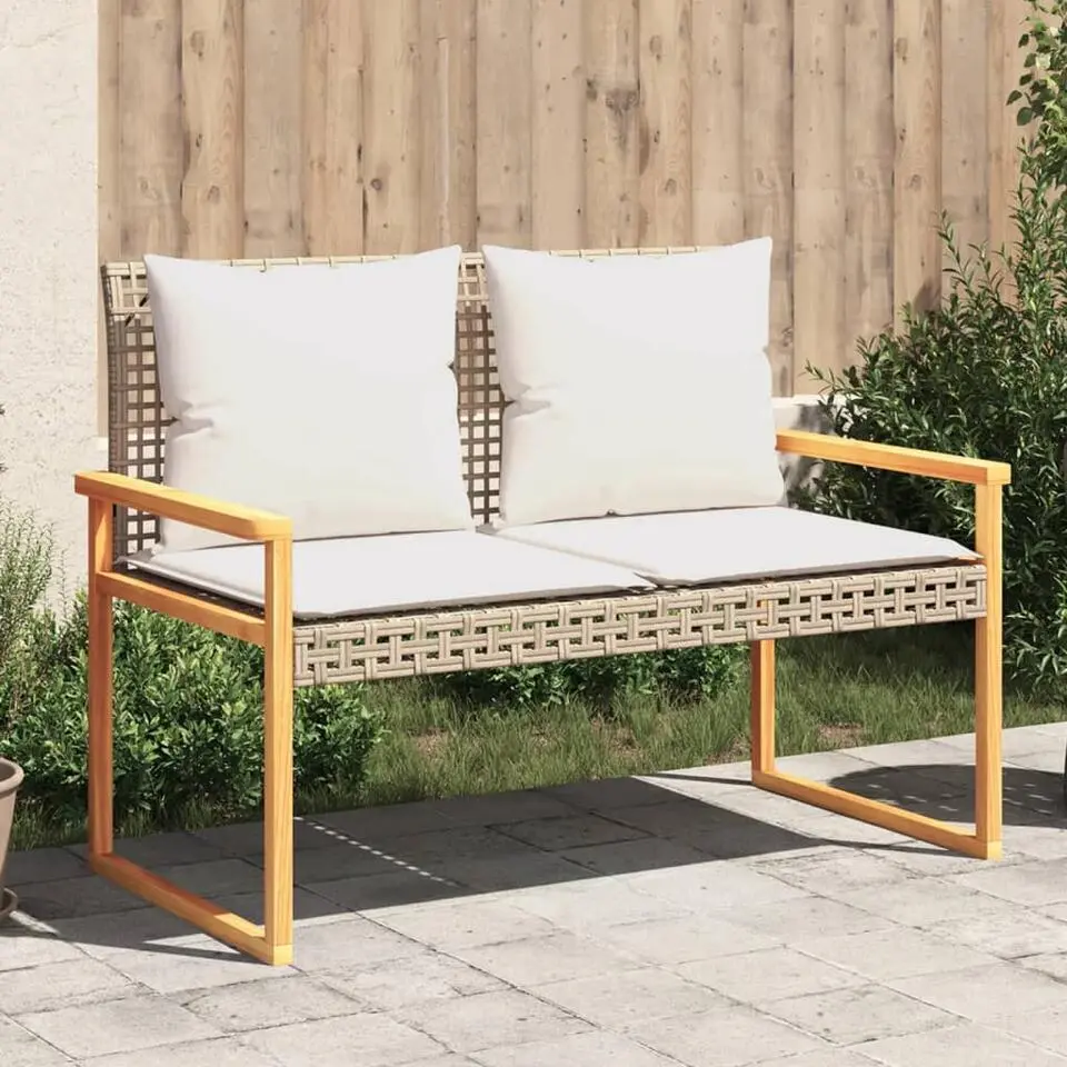 vidaXL - Tuinbank met kussens - Beige - Poly rattan en acaciahout - 119x61x79 cm