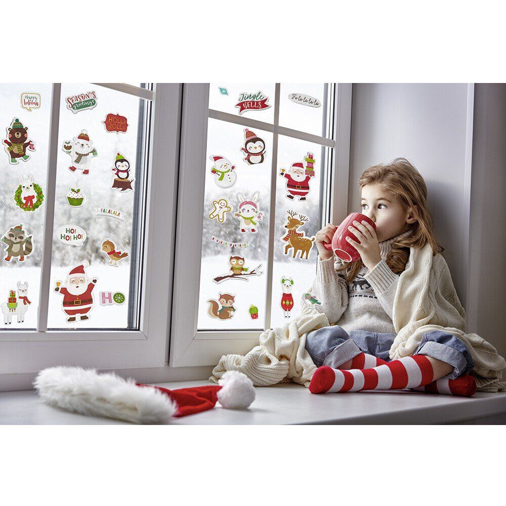 Sticker gel Père No&euml;l Lapin Ourson pour fenêtre