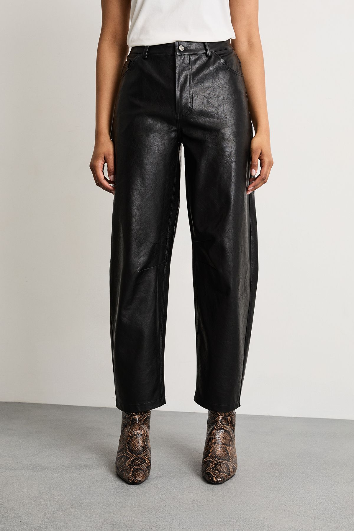 Warehouse Barrel Leg Faux Leather Trouser