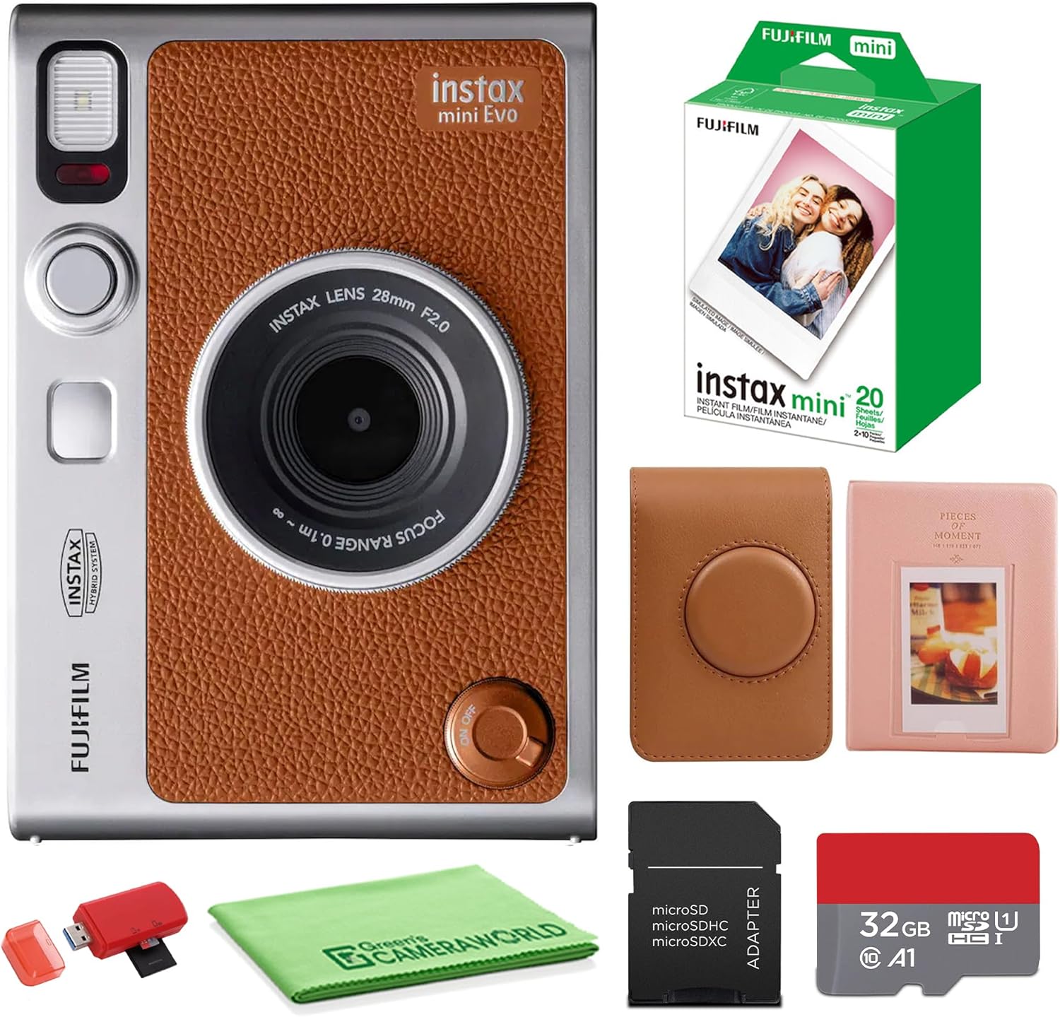 FUJIFILM INSTAX MINI EVO Hybrid Instant Camera (Brown) Bundle with Fuji Instax-Mini-Instant Film Value Pack (20 Sheets) + 32GB Memory Card + Carrying Case + Photo Album 64 Pockets + Cleaning Cloth
