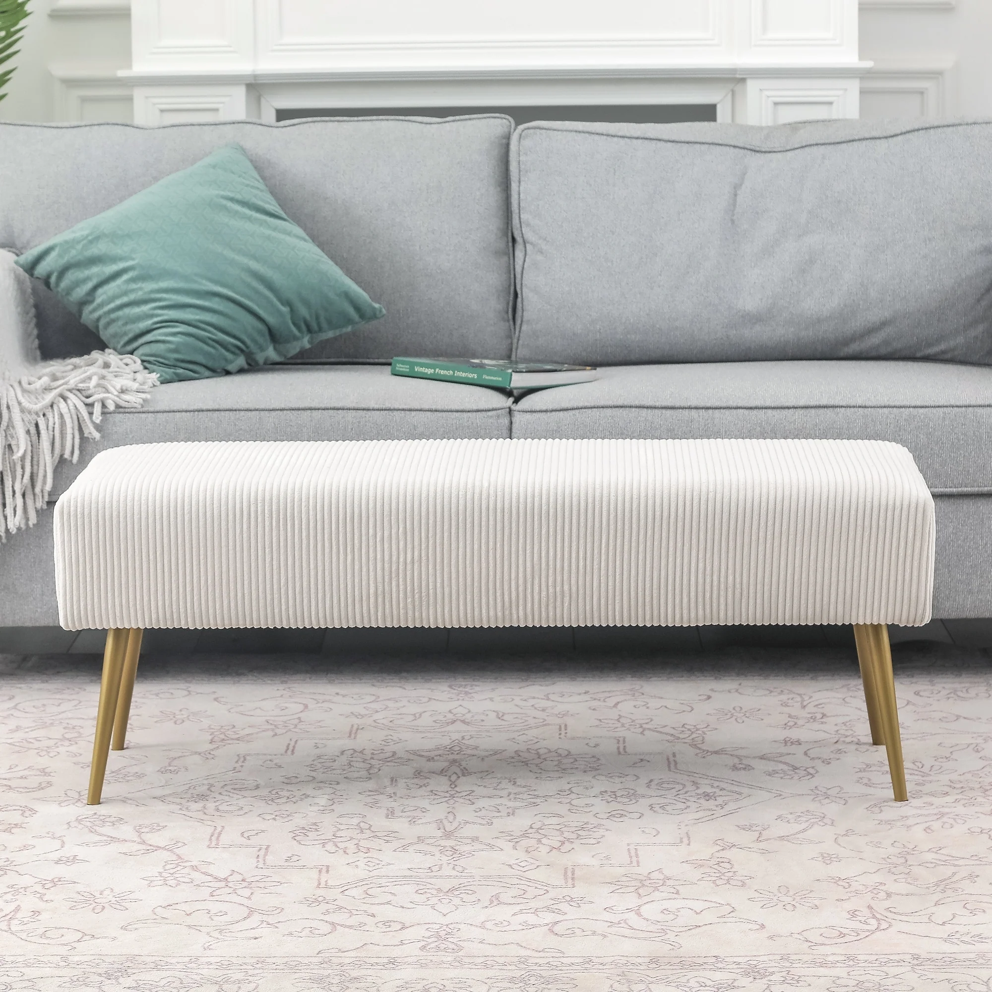 Adeco 43 Inch Velvet Bench Bed End Entryway Bench with Gold Legs