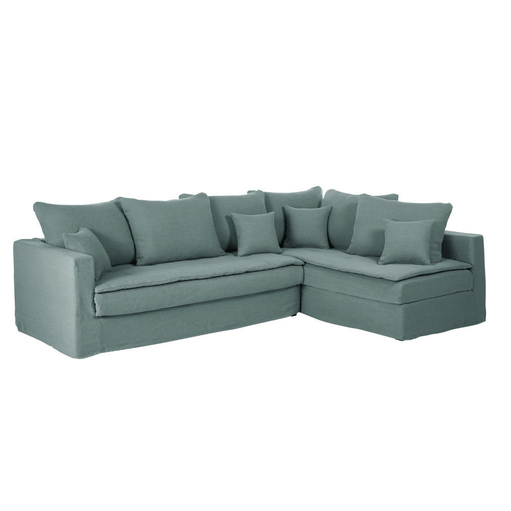 Célestin - Canapé d'angle droit 5 places en lin bleu céladon