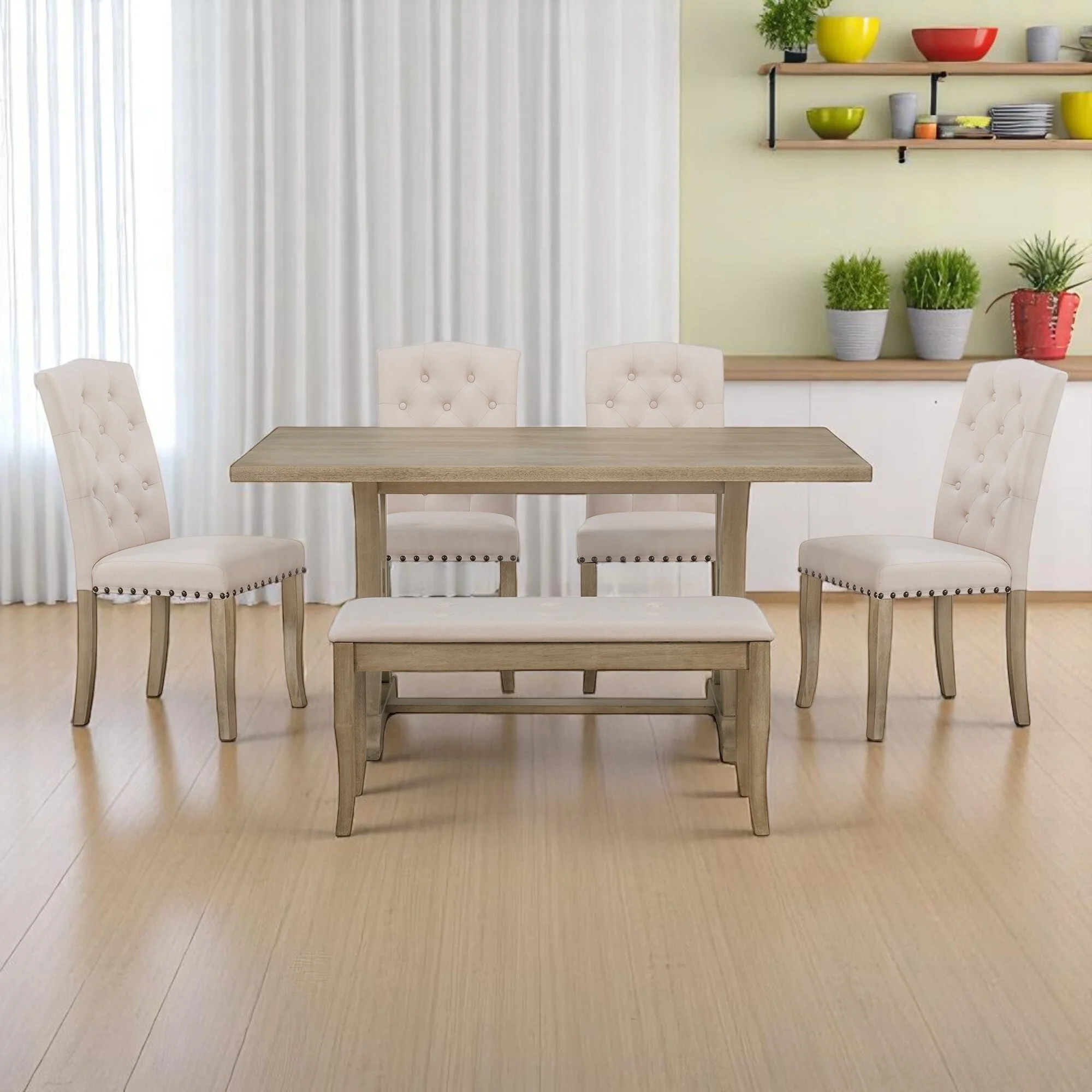 6-Piece Farmhouse Dining Table Set with Rectangular Trestle Table, 4 Upholstered Chairs & Bench for Dining Room or Kitchen