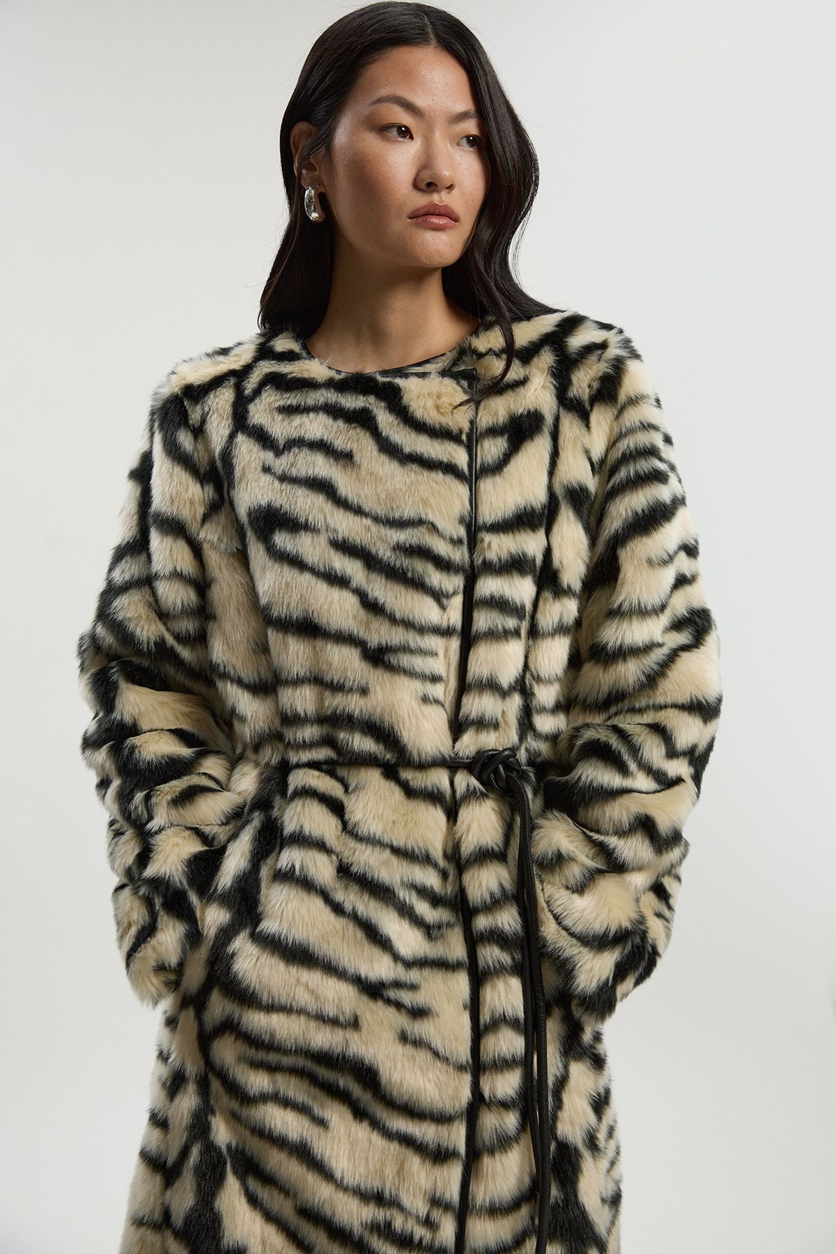 KarenMillen Faux Fur Zebra Collarless Tie Belted Midi Coat