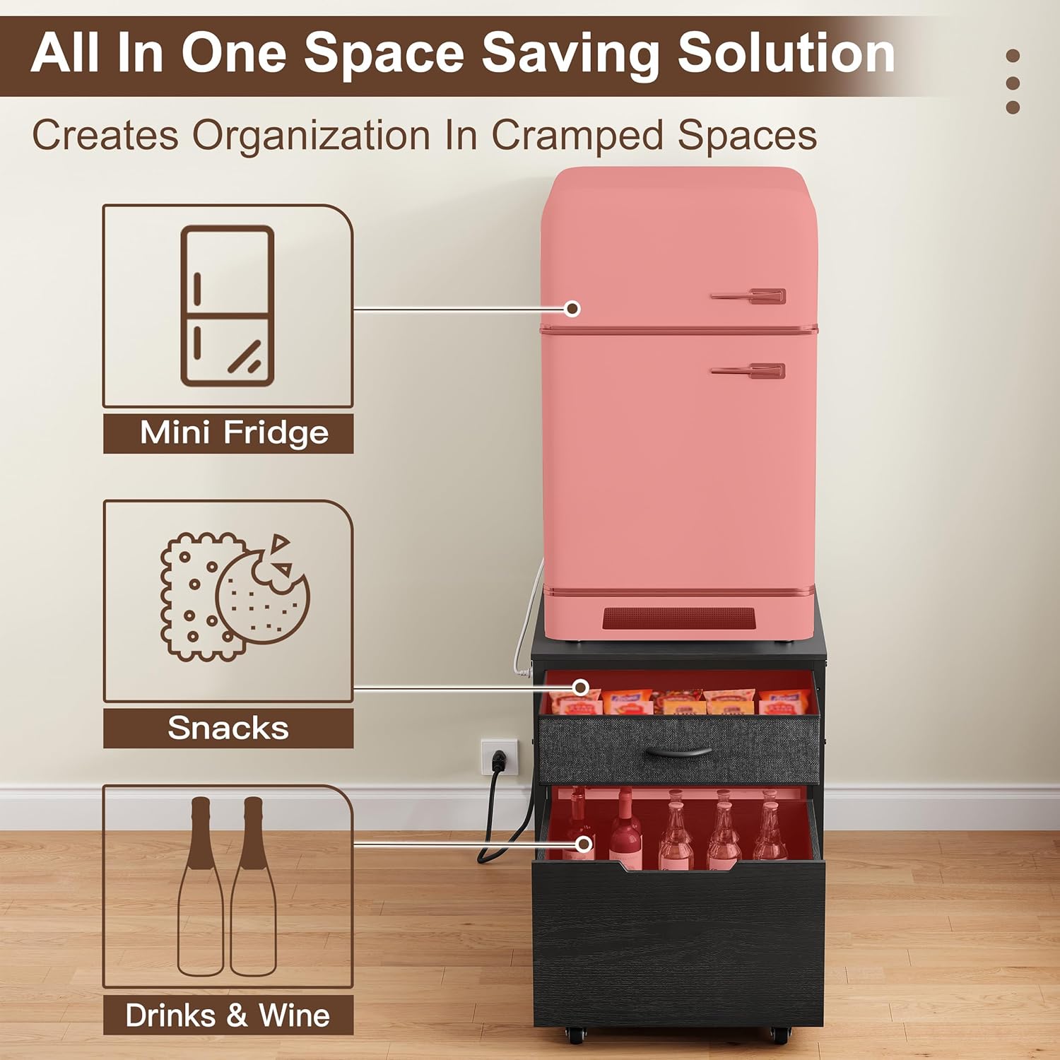 Mini Fridge Stand Cabinet Table Station With Storage Drawers For Dorm Refrigerator To Sit On, Heavy Duty Small Cart With Wheels, Black Office Beverage Shelf and Power Outlet, Sturdy Bedroom Nightstand