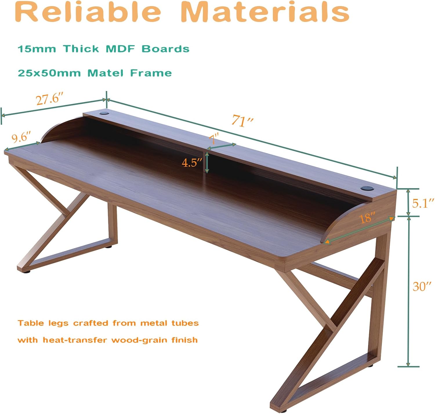 OSCHF Long Desk with Monitor Stand - 71 Double Long Computer Table for 2-Person Workstation, Large Writing Study Work Desk for Home and Office, Walnut