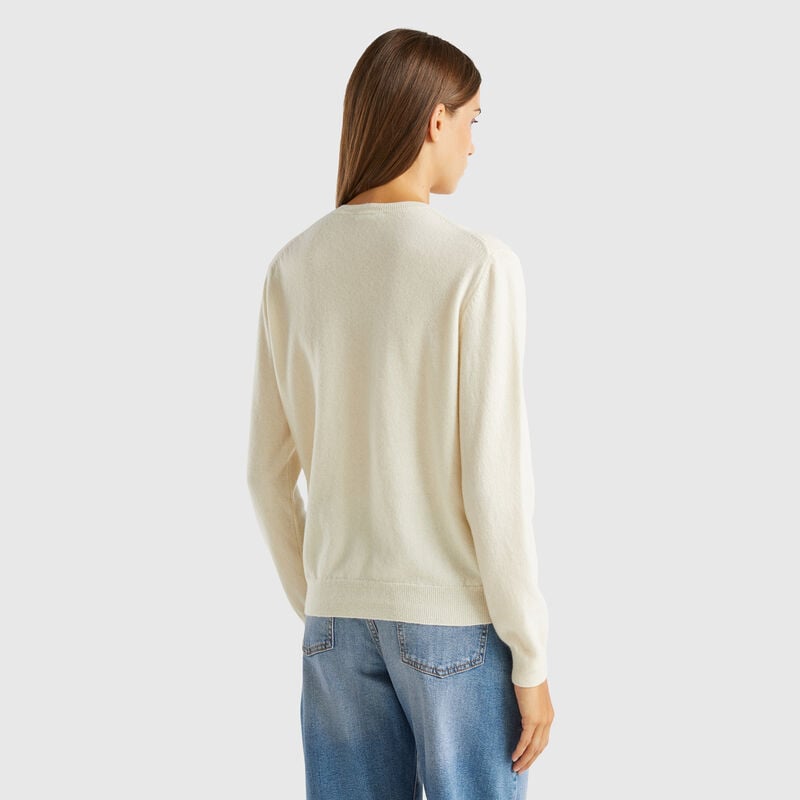 Cream crew neck cardigan in pure Merino wool