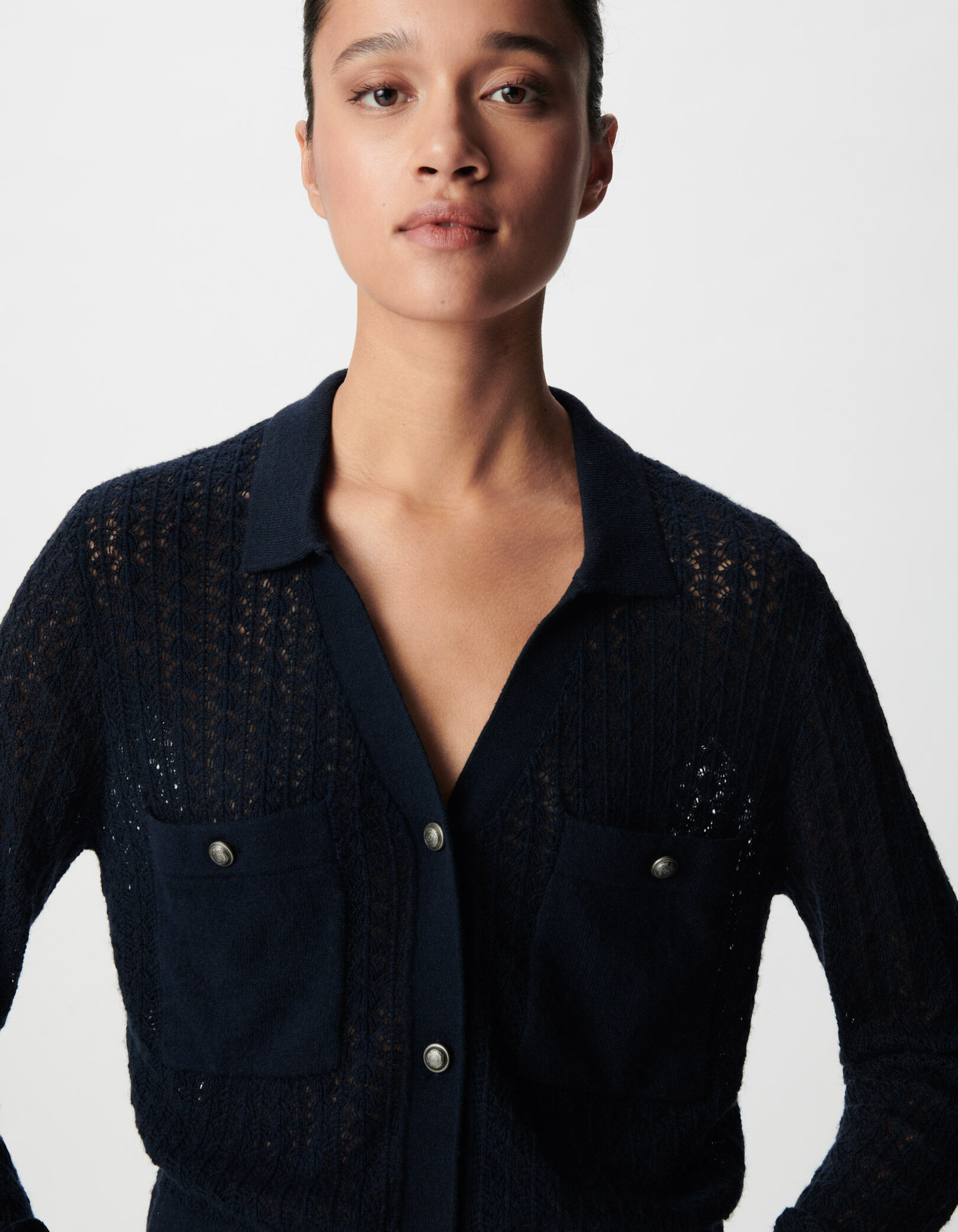 Cardigan court marine tricot fantaisie ajouré Femme