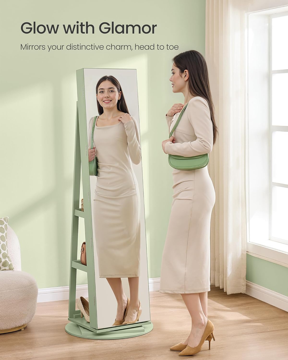 SONGMICS 6 LEDs Lockable Mirror Jewelry Cabinet, 360° Swivel Jewelry Organizer Armoire Standing, Full-Length Mirror with Storage, Mothers Day gifts for Mom, Laurel Green, Cream White Lining UJJC007C01