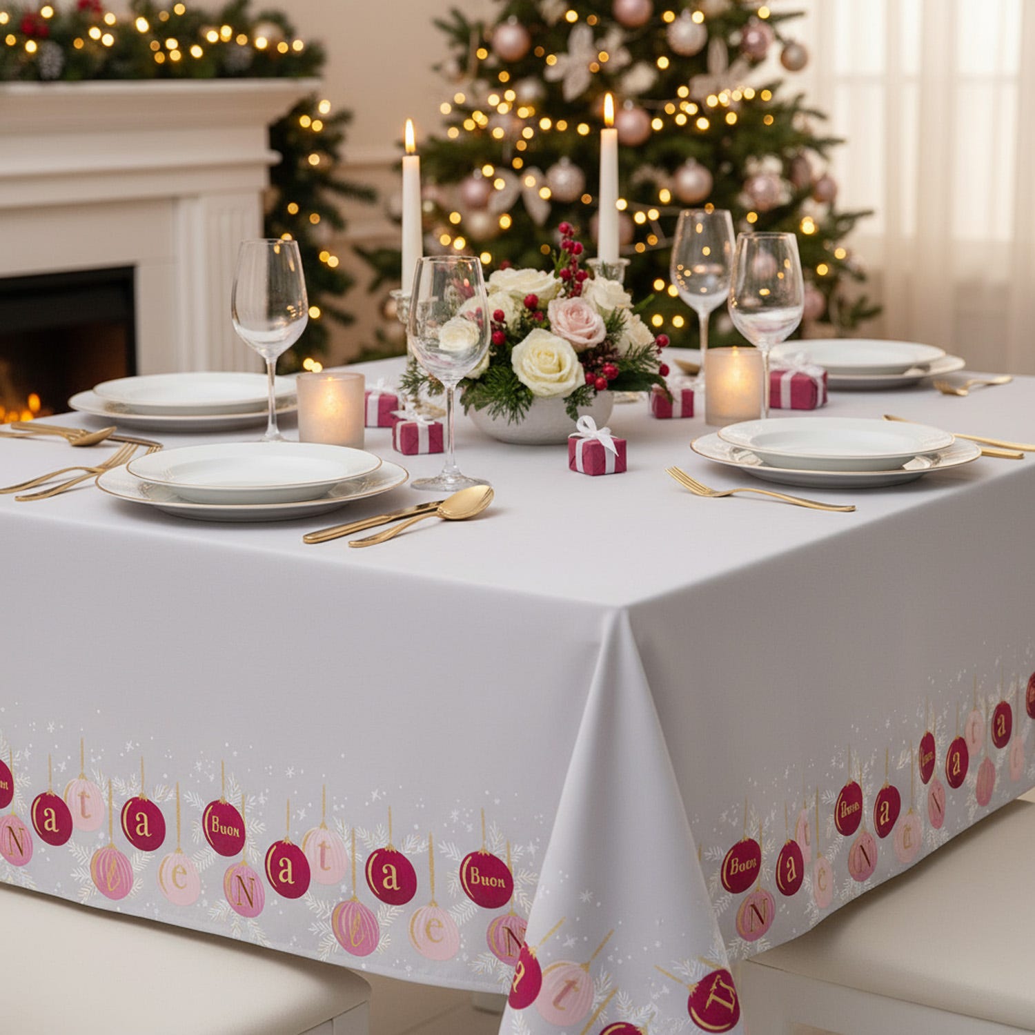 Tovaglia natalizia bianca palline malva