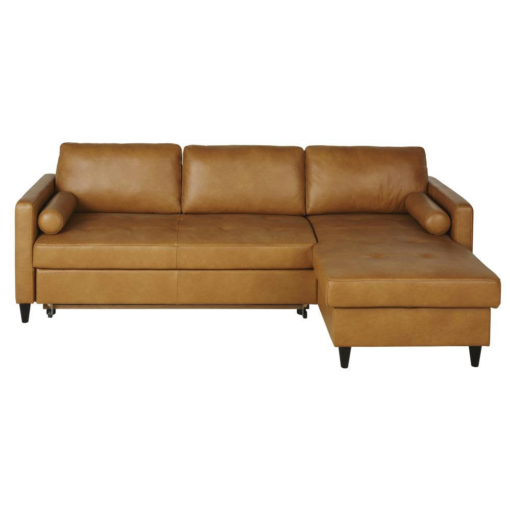 Olivia - Canapé d'angle convertible 4/5 places en cuir caramel