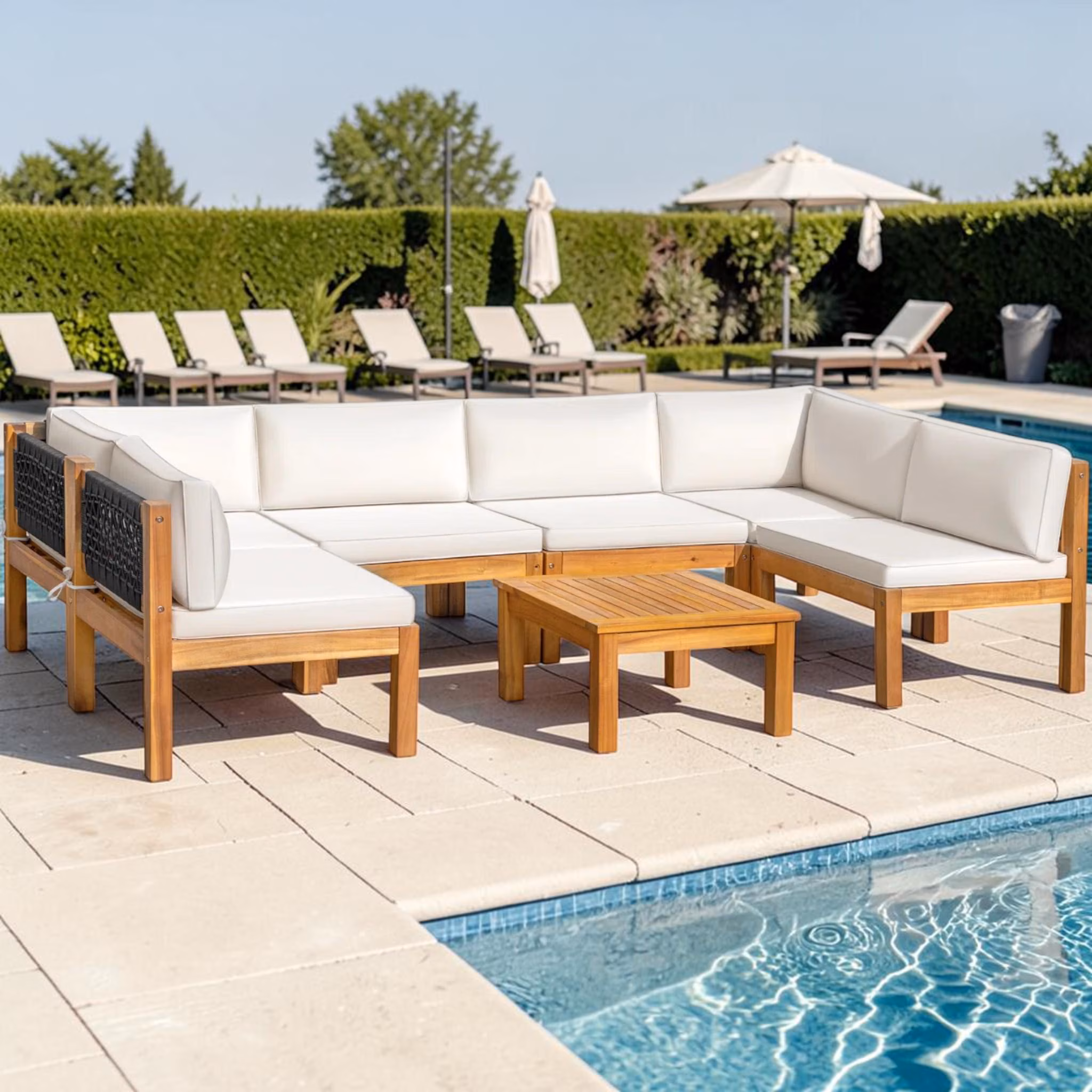 Modular Acacia Wood Outdoor Sectional Sofa Set, 6 Person Patio Conversation Seating Group