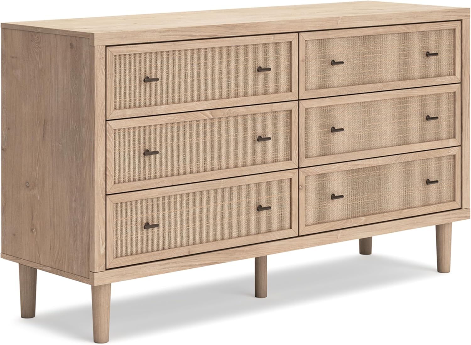 Signature Design by Ashley Cielden Coastal 6-Drawer Dresser, Bronze-Tone Knobs, Safety Stop, Textured Cane Details, 62.01 W x 19.65 D x 35.67 H, Light Brown