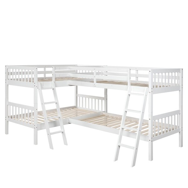 L-Shaped Twin Size Bunk Bed, Quad Bunk Bed with Guardrail & 2 Angle Ladder, Wood Corner Bunk Beds for 4 Kids Teens Adults, White