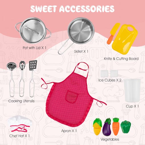 NNECW Kids Kitchen Pretend Play Set with Cookware & Apron