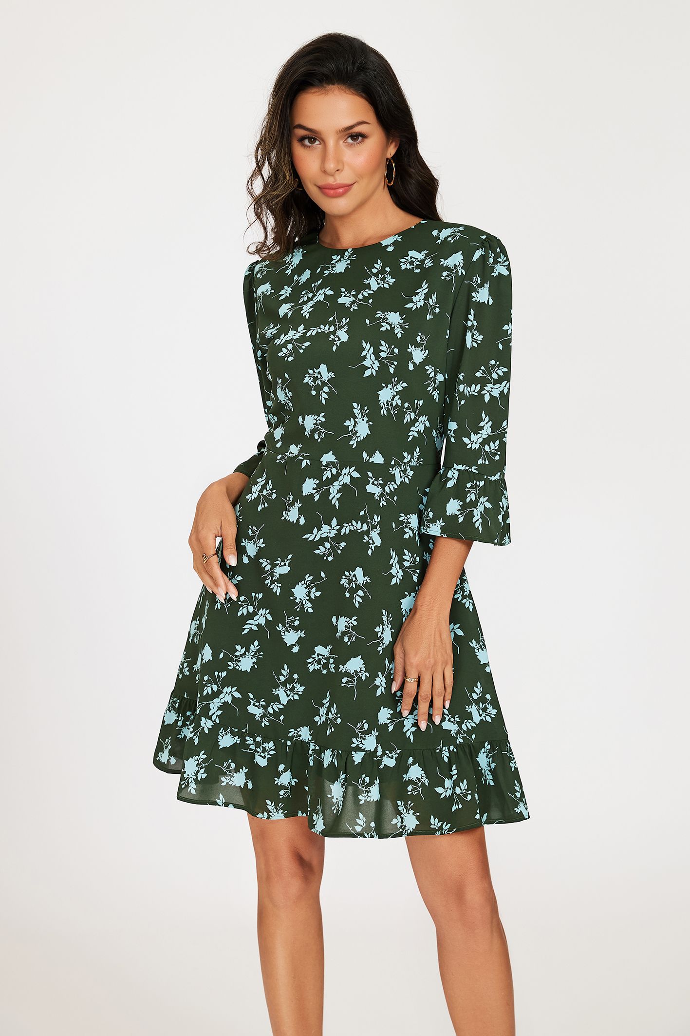 FS Collection Floral 3/4 Sleeves Mini Dress with Frill Hem