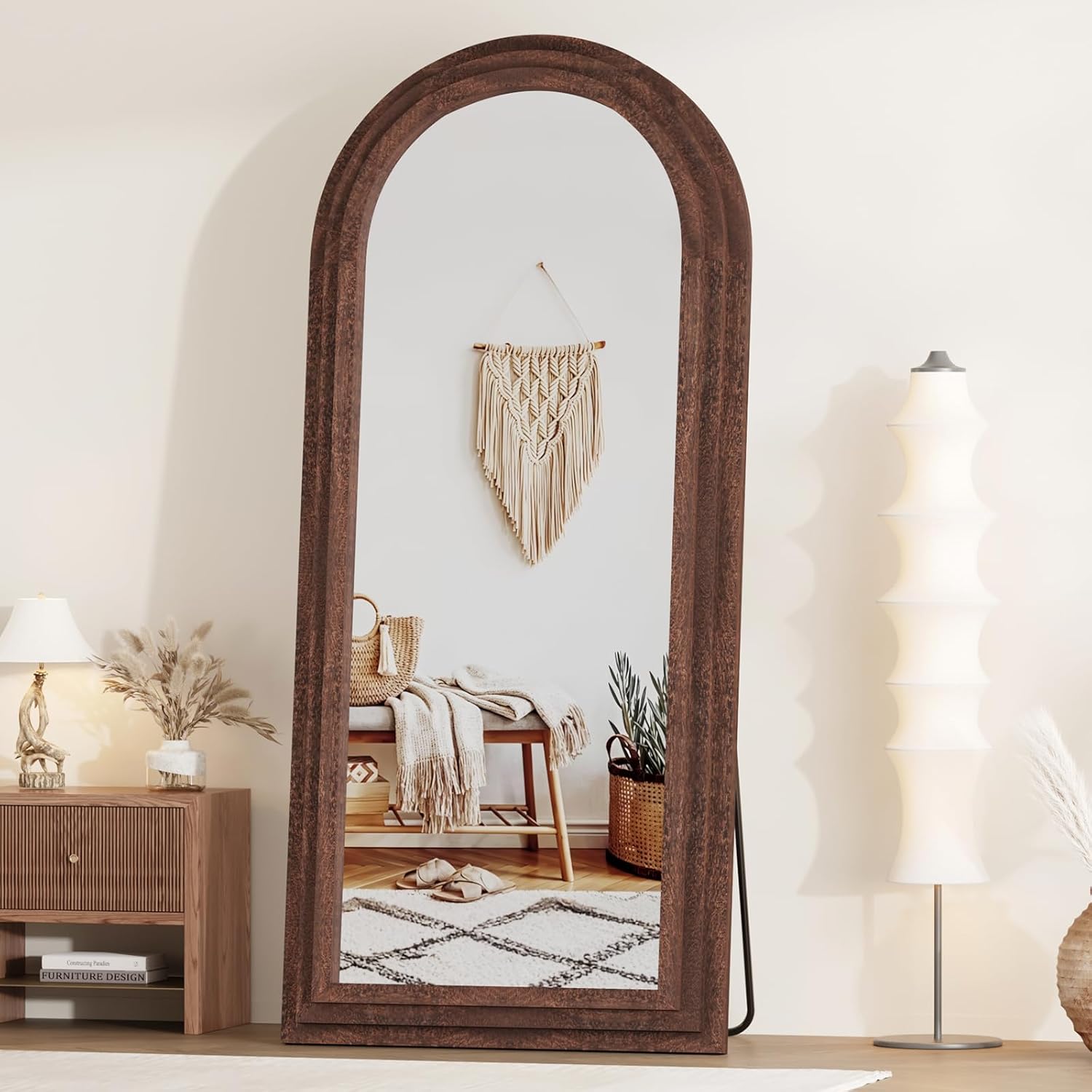 ZHUNFA External Three-Layer Arched Full Length Mirror with Solid Wood Frame,71x32 Modern Farmhouse Decor Standing Mirror Full Length,Wall Mounted,Leaning,Standing for Bedroom,Living Room,Brown.