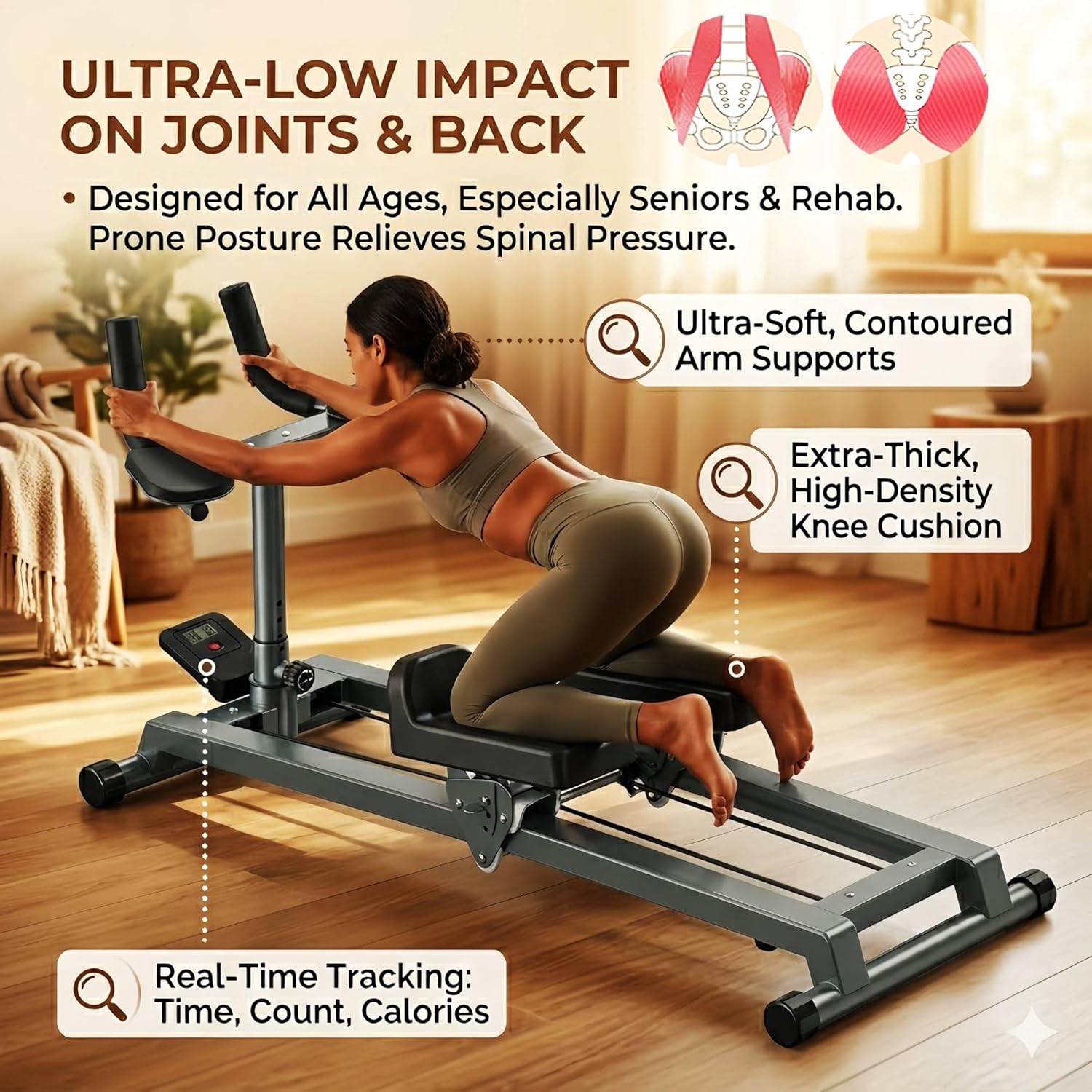 Crawling Training Machine Noiseless Spine Twist Stretch Trainer Home Gym Exercise Machine with Adjustable Hand Grips LED Display Knee Support & Steel Frame Full Body Low-Impact Cardio
