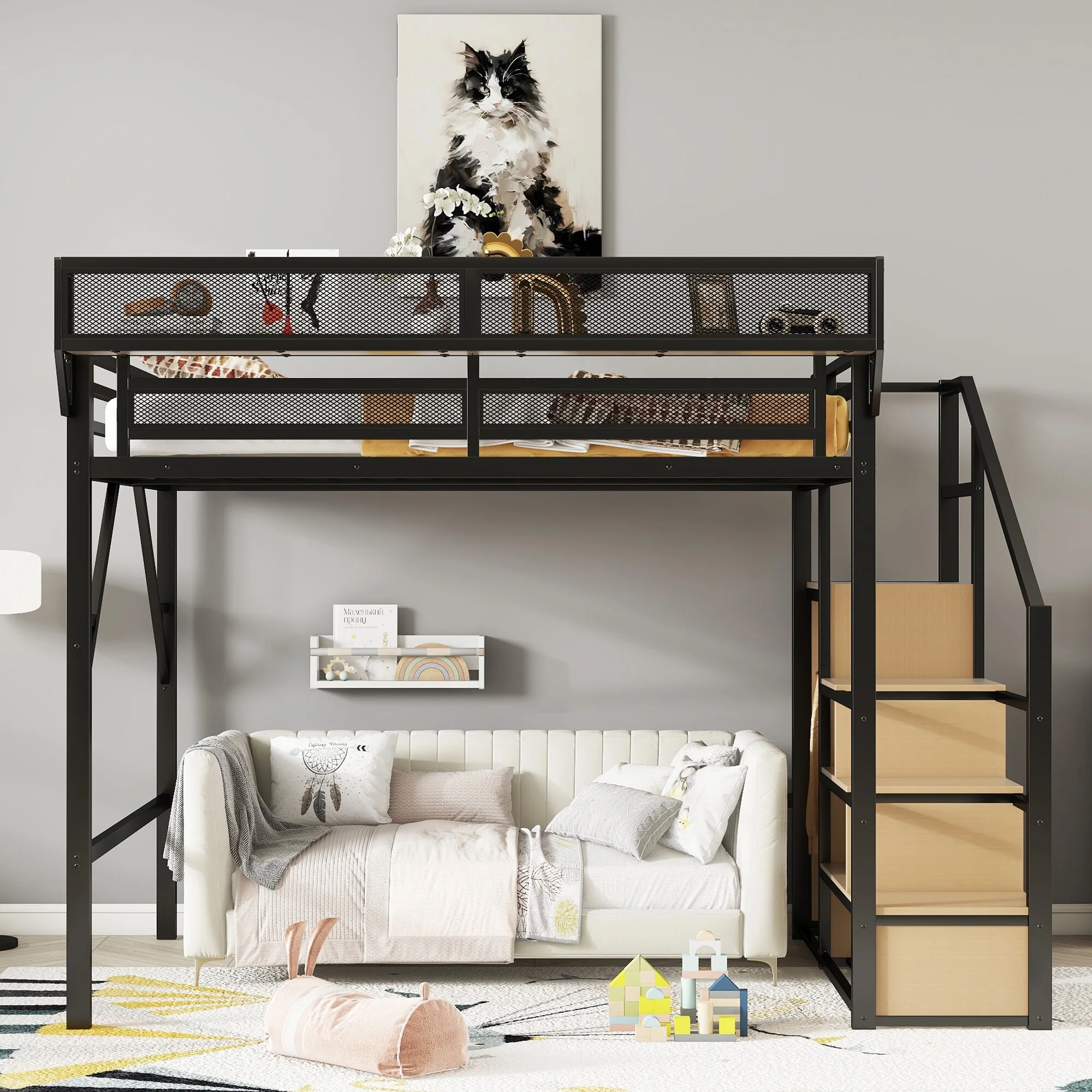 Queen Size Loft Bed with Stairs, Metal Queen Loft Bed with Storage Shelves, High Loft Bed with Wardrobe